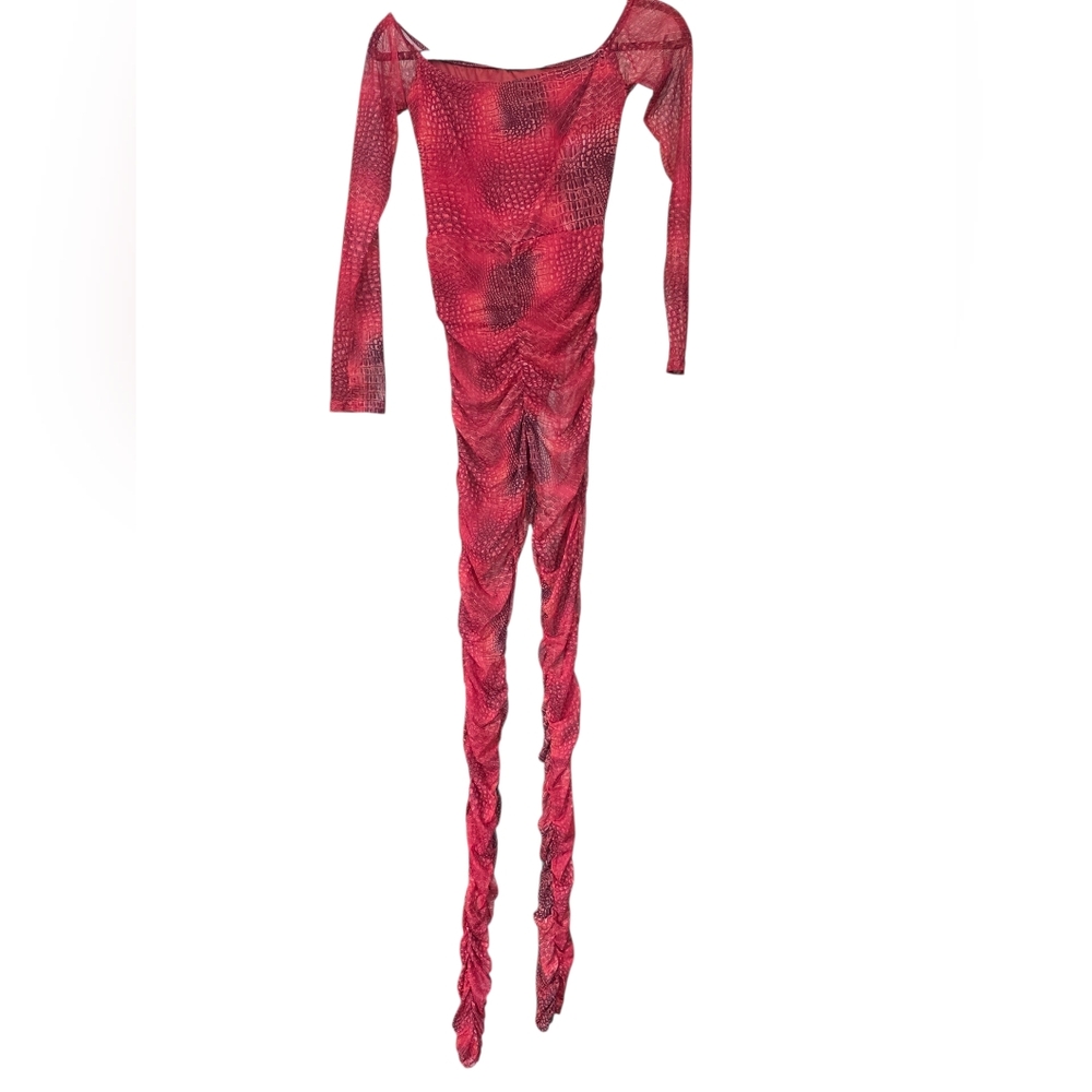 PrettyLittleThing Orange Croc Mesh Bardot Ruched Jumpsuit Size 4 NWT